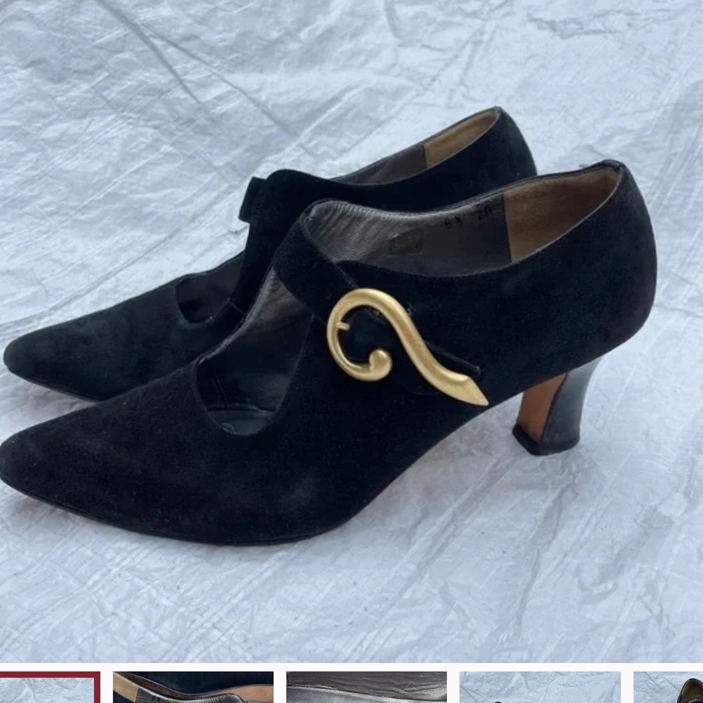 Ingledew’s Italian Collection Suede Gold Witchy Goth Pointed Toe Mary Jane Heel